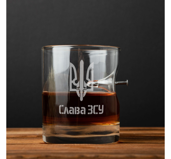 Склянка із цвяхом "Слава ЗСУ" для віскі в тубусі зі шпону