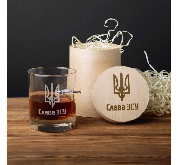 Склянка із цвяхом "Слава ЗСУ" для віскі в тубусі зі шпону