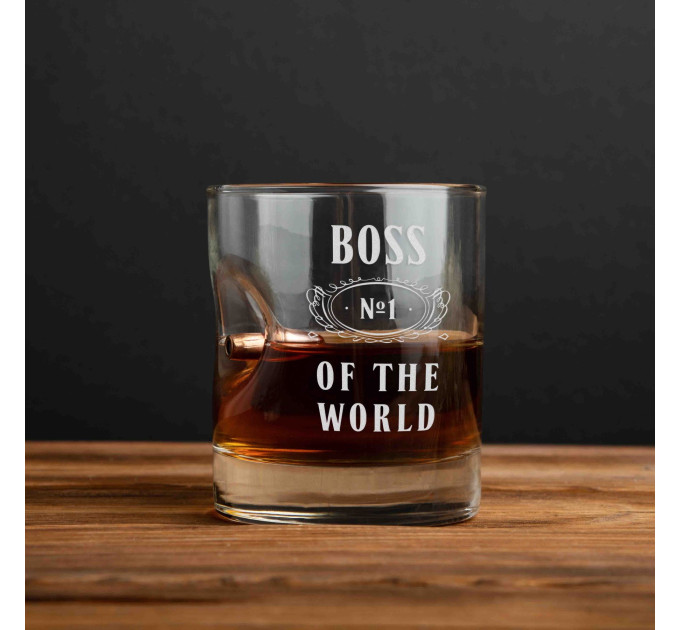 Стакан с пулей "Boss №1 of the world" для виски, английский, Тубус из шпона